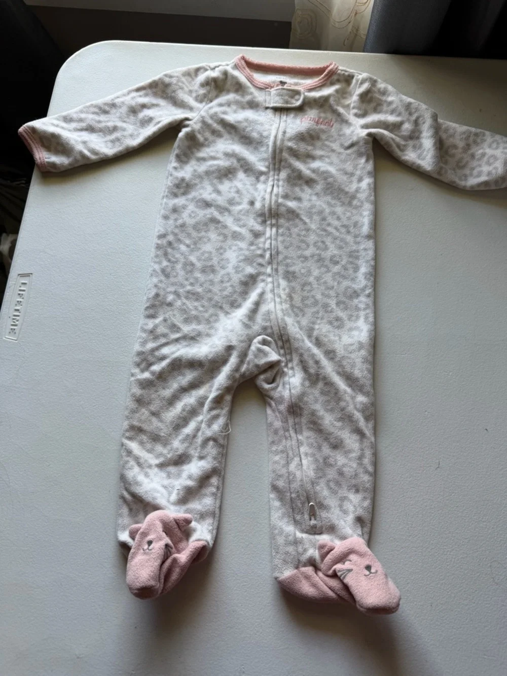 Carter's Cream and Pink Floral Ribbed Footed One-Piece 9 months